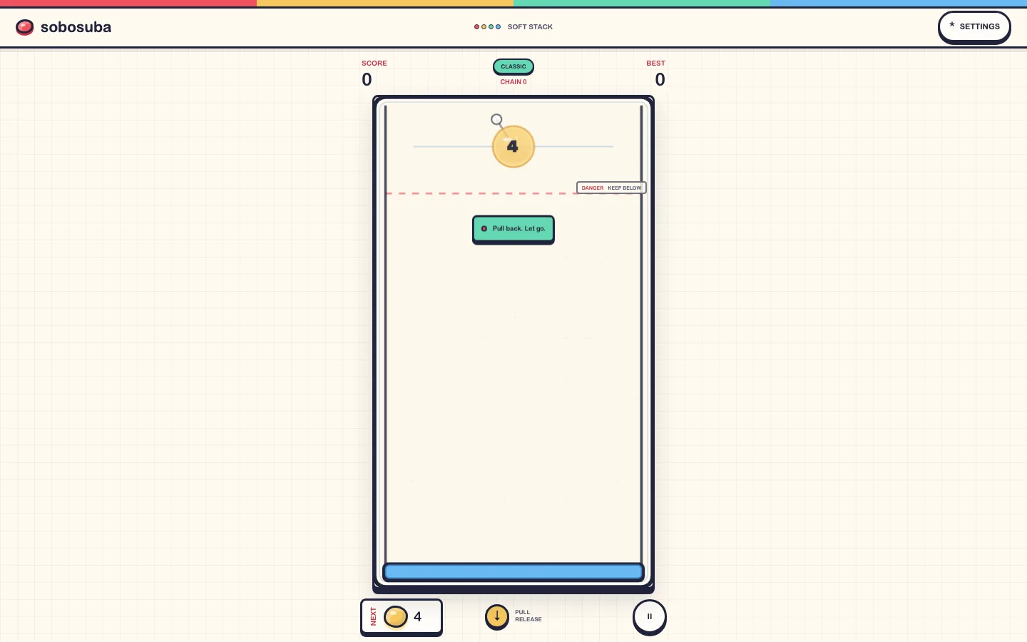 A sobosuba game board showing numbered soft-body jellies, the next piece and the danger line