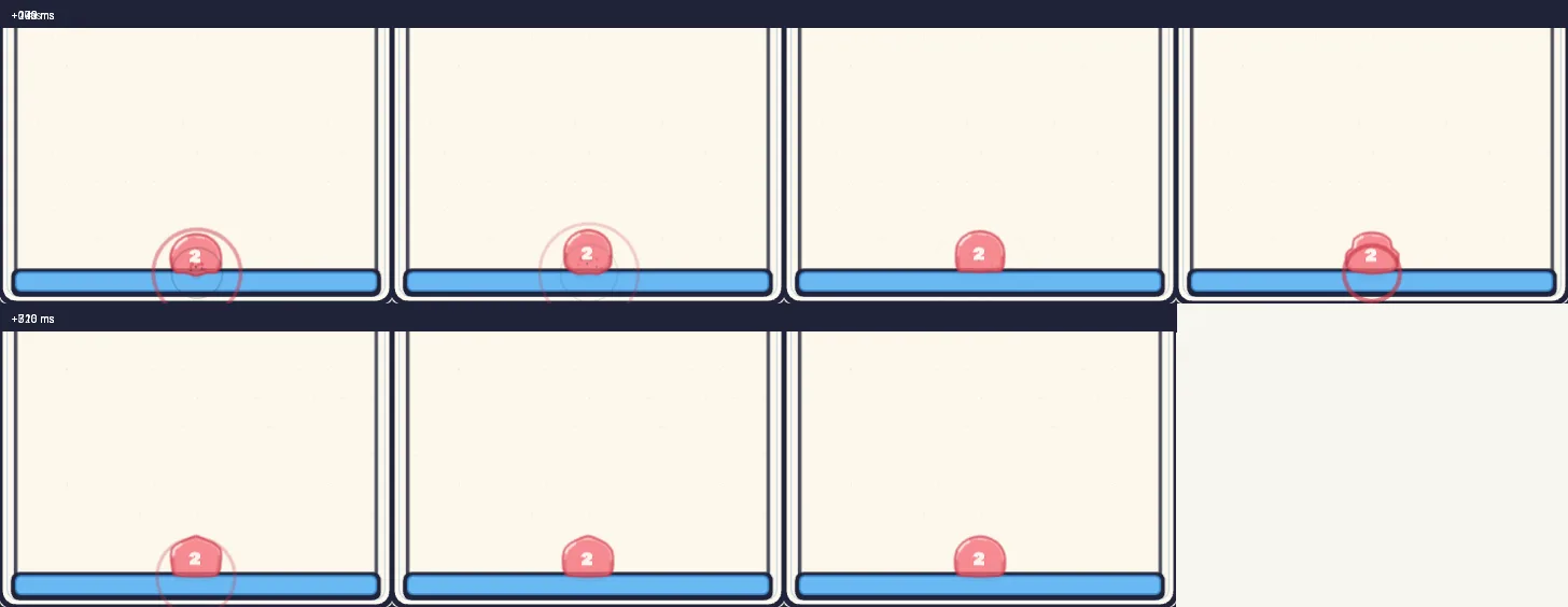 Frame sequence showing a sobosuba jelly flattening on contact and returning toward its resting shape